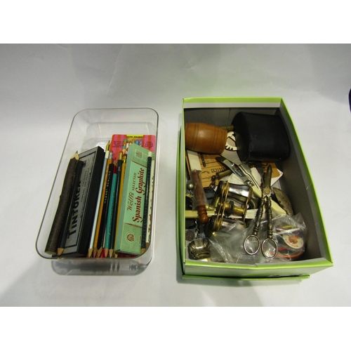 4481 - A collection of pencils and a box of bygone items including treen barrel, a cased pair of French ope... 