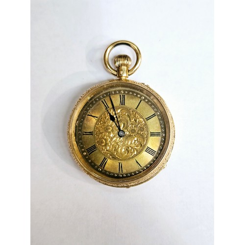 8213 - An 18ct gold cased pocket watch with engraved case and centre face, Roman numeral chapter ring. Fron... 