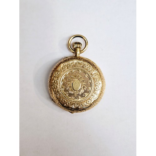 8213 - An 18ct gold cased pocket watch with engraved case and centre face, Roman numeral chapter ring. Fron... 