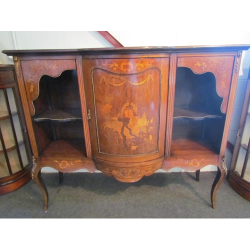 1010 - An Edwardian walnut sideboard, marquetry ribbon with swag and foliage, the bow fronted central door ... 