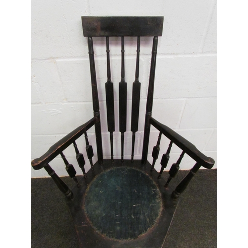 1076 - An Aesthetic/Arts & Crafts style ebonised chair on 'H' stretcher base. James Shoolbred ivorine label... 