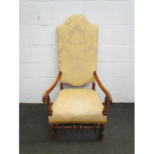 1122 - A 17th Century style high-back armchair with scrolled arms, turned front stretcher