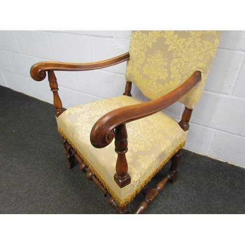 1122 - A 17th Century style high-back armchair with scrolled arms, turned front stretcher