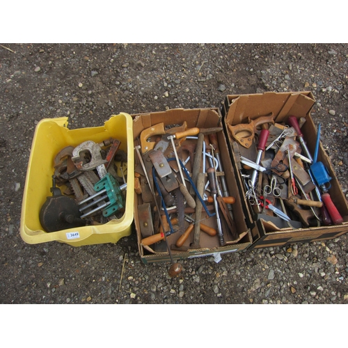 3649 - Three boxes of mixed tools including a vice and clamps, etc