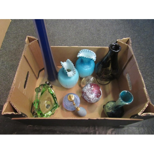 1180 - A box containing various glassware including a pair of turquoise milky glass vases with wavy form ri... 