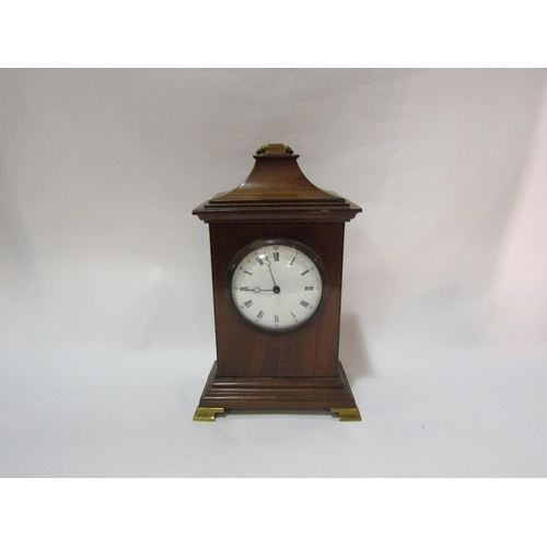 4046 - An Edwardian mahogany inlaid pavilion shaped mantel clock, 26cm tall