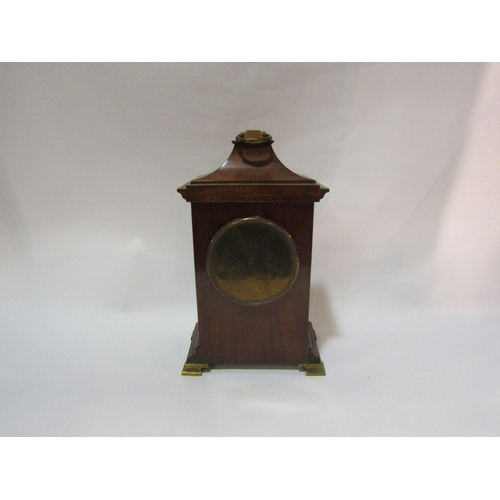 4046 - An Edwardian mahogany inlaid pavilion shaped mantel clock, 26cm tall