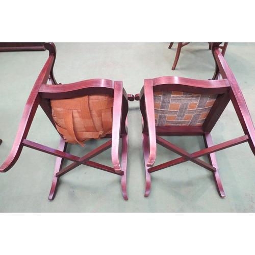 4059 - Three Edwardian mahogany corner chairs, urn marquetry panel, pierced splats, on shaped supports, one... 