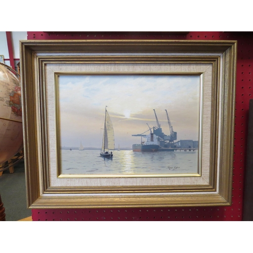 4037 - ROGER FISHER RSMA (1919-1992) Wapping Group of Artists - 'Evening On The Medway'. Oil on canvas sign... 