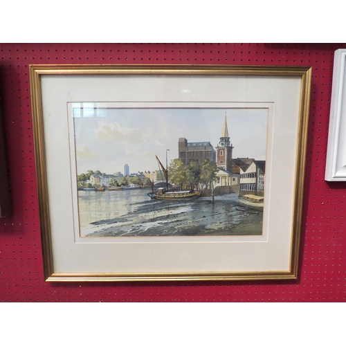 4149 - BERT WRIGHT (b.1930) Wapping Group of Artists - A framed and glazed watercolour - 'Moorings, Batters... 