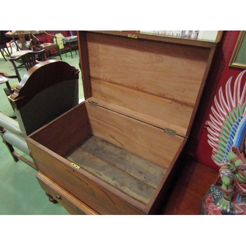 4188 - A late Victorian Anglo-Indian teak chest on base, the hinged lid over two drawers and turned legs jo... 