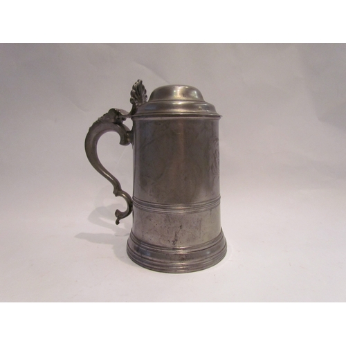 4403 - A Georgian Watts & Harton pewter lidded tankard, clear glass base with shell form movement to lid, e... 