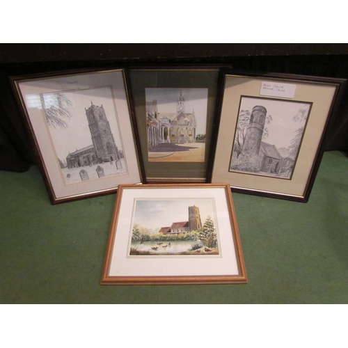 4402 - Two watercolours and two pencil drawings all depicting churches