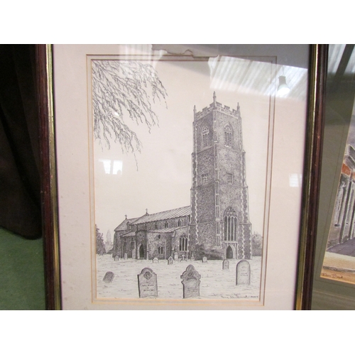 4402 - Two watercolours and two pencil drawings all depicting churches