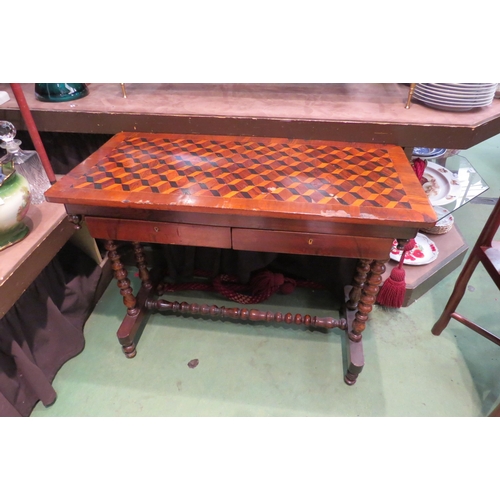 4004 - A Victorian parquetry top side table set with two drawers, on bobbin-turned supports, 69.5cm tall x ... 