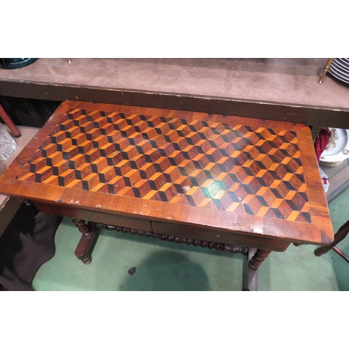 4004 - A Victorian parquetry top side table set with two drawers, on bobbin-turned supports, 69.5cm tall x ... 