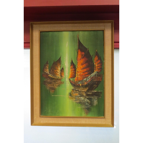 4017 - An Oriental oil on canvas of junks, signed lower left, framed, 60cm x 45cm image size