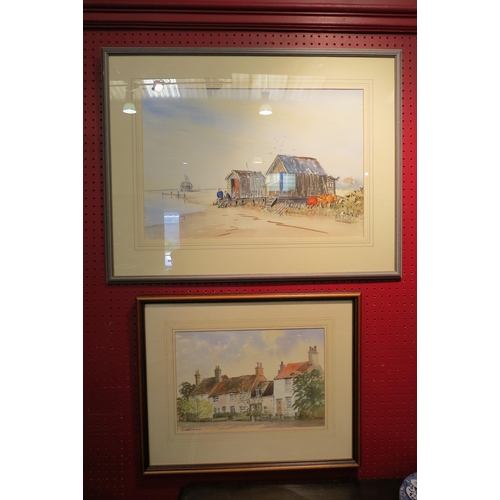 4023 - DAVID BALDER: Two watercolours, beach shacks and village terraced houses, both signed, framed and gl... 