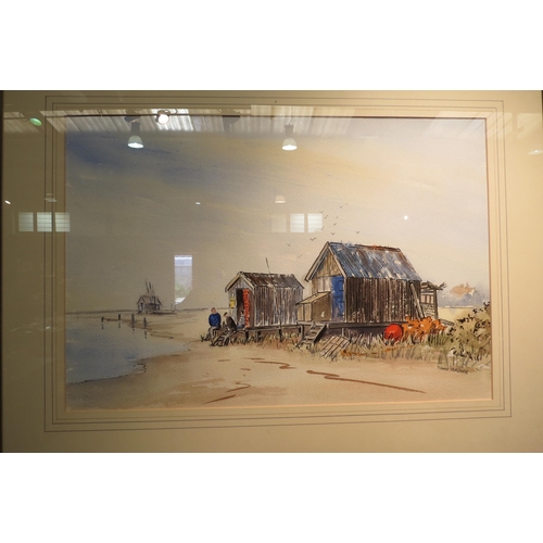 4023 - DAVID BALDER: Two watercolours, beach shacks and village terraced houses, both signed, framed and gl... 