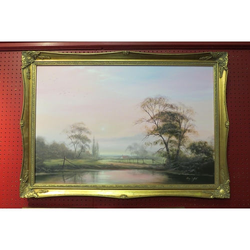 4024 - HILARY SCOFFIELD: An oil on canvas depicting a rural river scene with cottage to the background set ... 