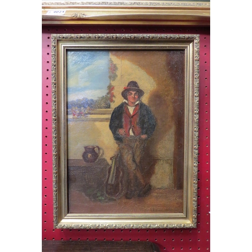 4026 - A late 19th/early 20th Century oil on canvas of a musician by open window.  Framed.  34.5cm x 24.5cm... 