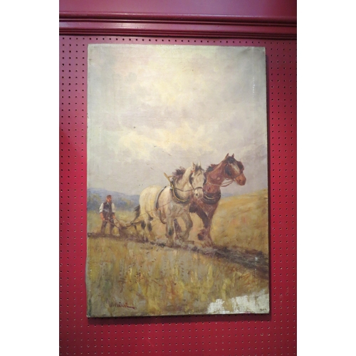 4041 - A pair of unframed oil on canvas images of working Shire horses, both indistinctly signed, 76cm x 51... 