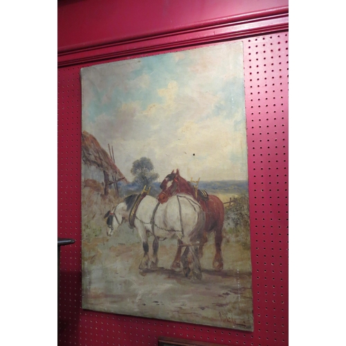 4041 - A pair of unframed oil on canvas images of working Shire horses, both indistinctly signed, 76cm x 51... 