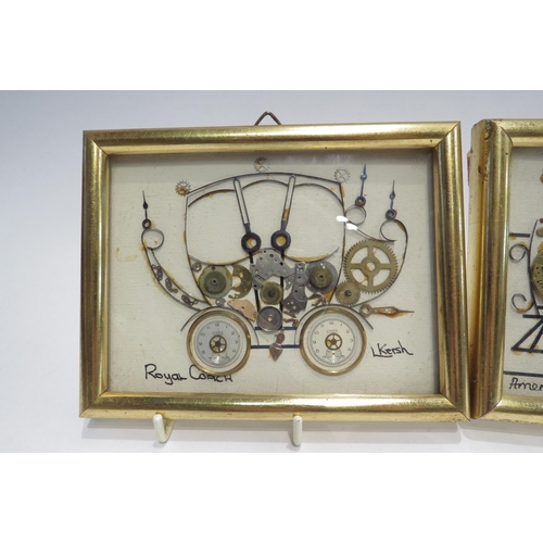 4054 - L.KERSH: Two pictures made from watch parts, details verso stating Genuine original horological coll... 