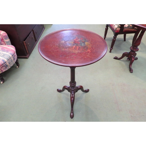 4098 - A Georgian mahogany wine table with painted circular dished top having two travellers at milestone, ... 