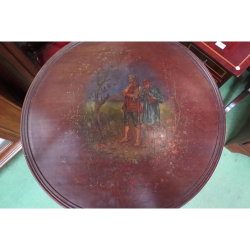 4098 - A Georgian mahogany wine table with painted circular dished top having two travellers at milestone, ... 