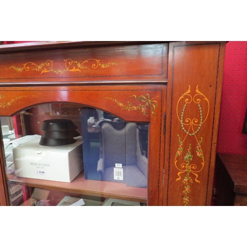 4108 - An Edwardian mahogany glazed cabinet/bookcase with hand painted decoration and key, the raised circu... 