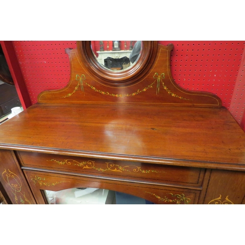 4108 - An Edwardian mahogany glazed cabinet/bookcase with hand painted decoration and key, the raised circu... 