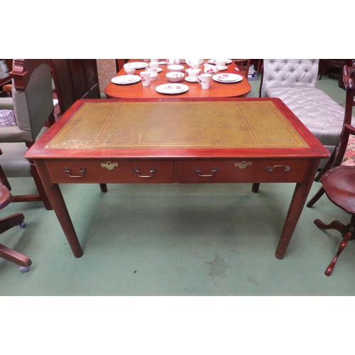 4168 - A mahogany gilt tooled leather topped two drawer desk, brass swan neck handles, 77cm tall x 137cm wi... 