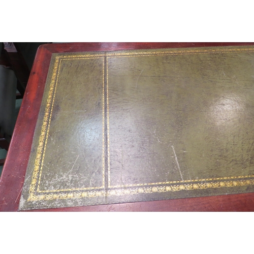 4168 - A mahogany gilt tooled leather topped two drawer desk, brass swan neck handles, 77cm tall x 137cm wi... 