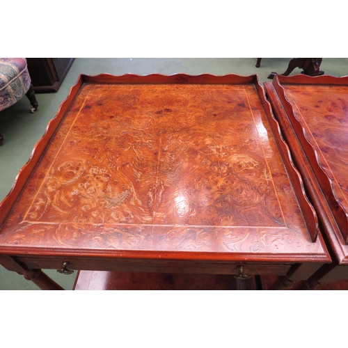 4196 - A pair of 19th Century style flame walnut bedside tables, some damage, 63cm tall x 46cm wide x 45cm ... 