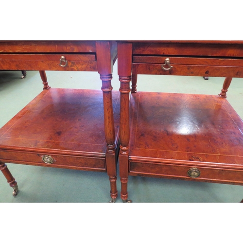 4196 - A pair of 19th Century style flame walnut bedside tables, some damage, 63cm tall x 46cm wide x 45cm ... 