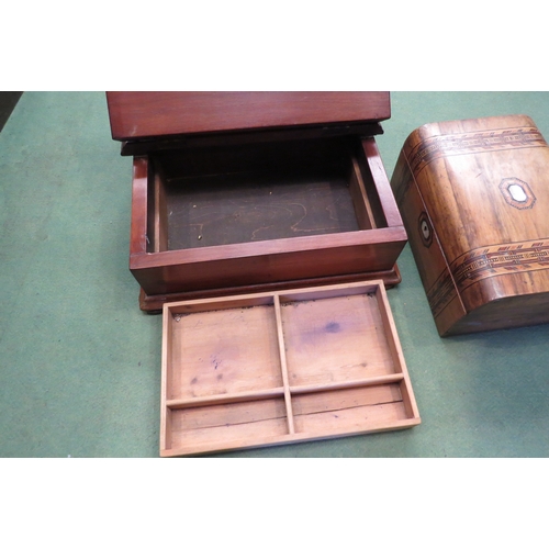 4200 - A mahogany desk stand with later compartmental tray to interior and a parquetry inlaid work box with... 