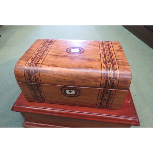 4200 - A mahogany desk stand with later compartmental tray to interior and a parquetry inlaid work box with... 