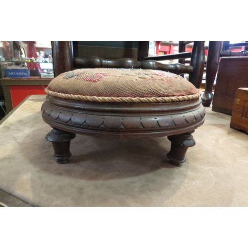 4206 - A Victorian beaded tapestry footstool, 30cm diameter, a/f  (R)  £0  (E)  £15-20