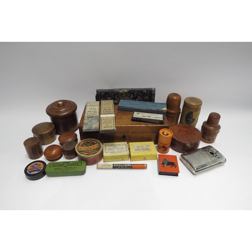 4389 - A group of treen items along with along with chalk boxes, pencil box, hand warmer, embroidered fabri... 