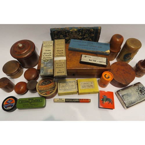 4389 - A group of treen items along with along with chalk boxes, pencil box, hand warmer, embroidered fabri... 