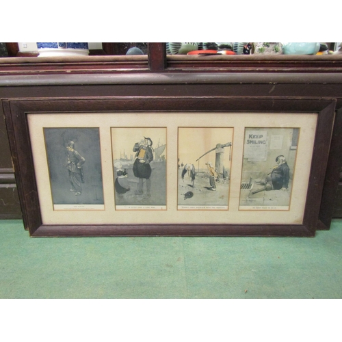 4255 - Two framed sets of four postcards depicting comical scenes, three entitled 