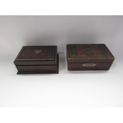 4271 - Two wooden boxes, one with a central silver shield, and a desk clock