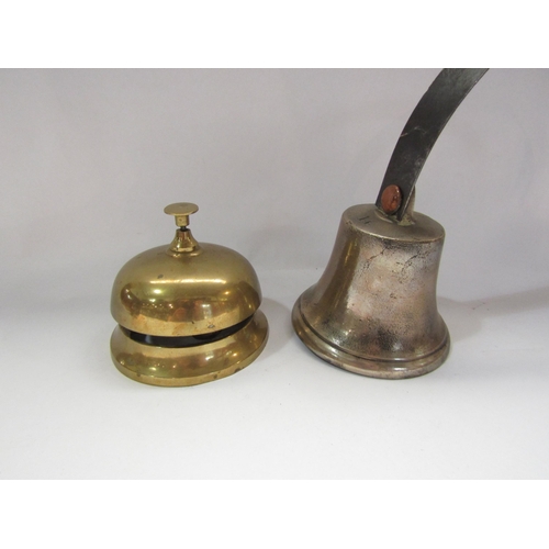 4272 - A bygone shop bell brass counter bell, copper Art Nouveau inkwell and penstand (3)