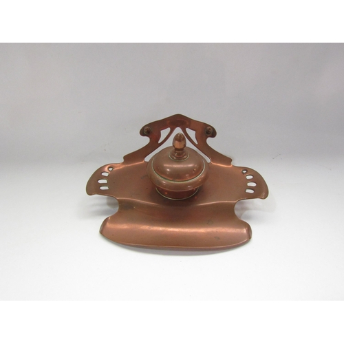 4272 - A bygone shop bell brass counter bell, copper Art Nouveau inkwell and penstand (3)