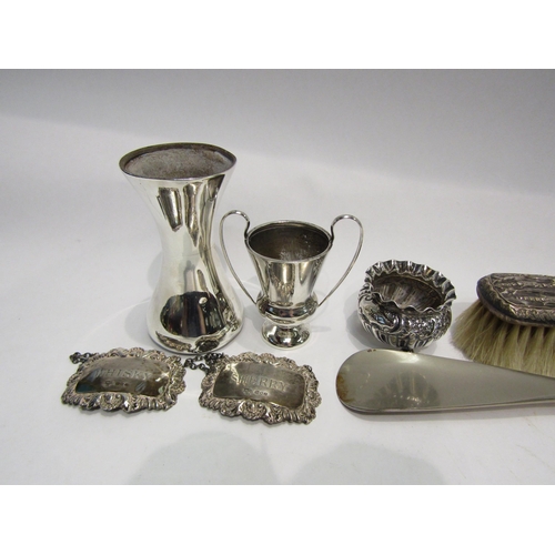 4295 - A collection of silver; three dressing table items, wine labels, small trophy, vase, salt, shoe horn... 