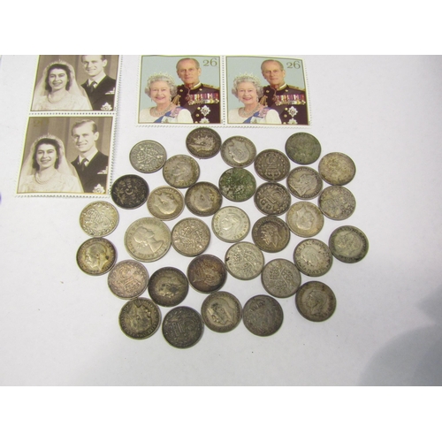 4306 - A crystal glass powder pot with coinage to include 33 silver 3d pieces, 6d pieces, 3d bit, farthings... 