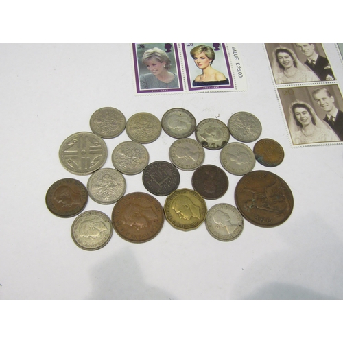 4306 - A crystal glass powder pot with coinage to include 33 silver 3d pieces, 6d pieces, 3d bit, farthings... 