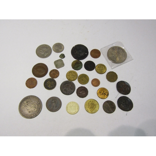 4326 - A tub of various coins of George VI plus tokens, reproduction coins and counters from George III to ... 