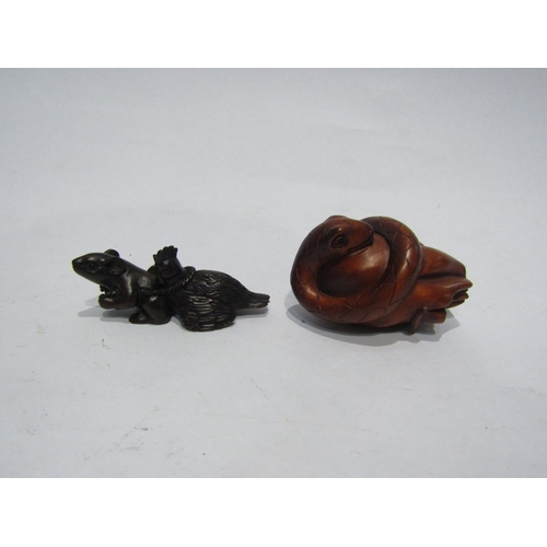 4345 - Four boxwood netsuke, Lion, Rat with Chicken, Snake and Rat, all signed